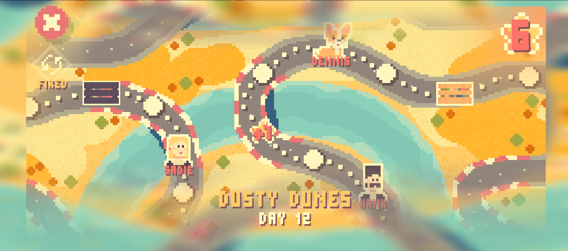 Pixel art map of a race track called Dusty Dunes with four characters named Sadie, Dennis, Hank, and Felix, on Day 12 of the event.