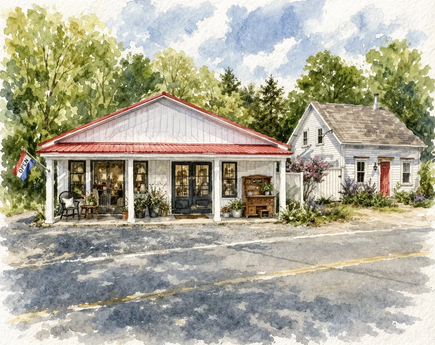 Watercolor painting of a small cafe or shop with a red roof, outdoor seating, potted plants, and an 'Open' flag, alongside a white house with a red door, surrounded by greenery and trees.