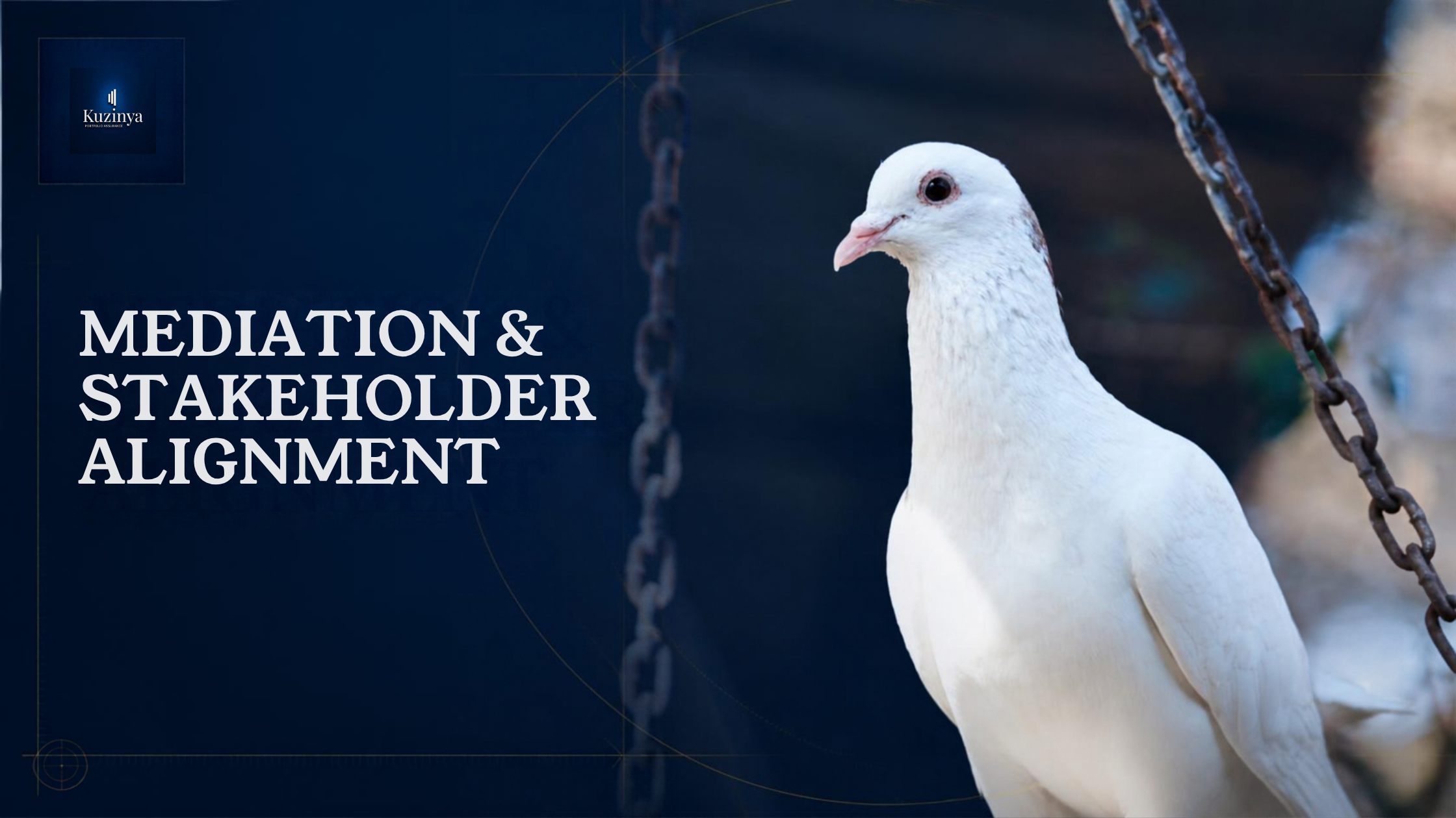 Cover slide with a white pigeon on the right side and the title 'Medation & Stakeholder Alignment' on the left side, along with a small Kuzinya logo in the top left corner.