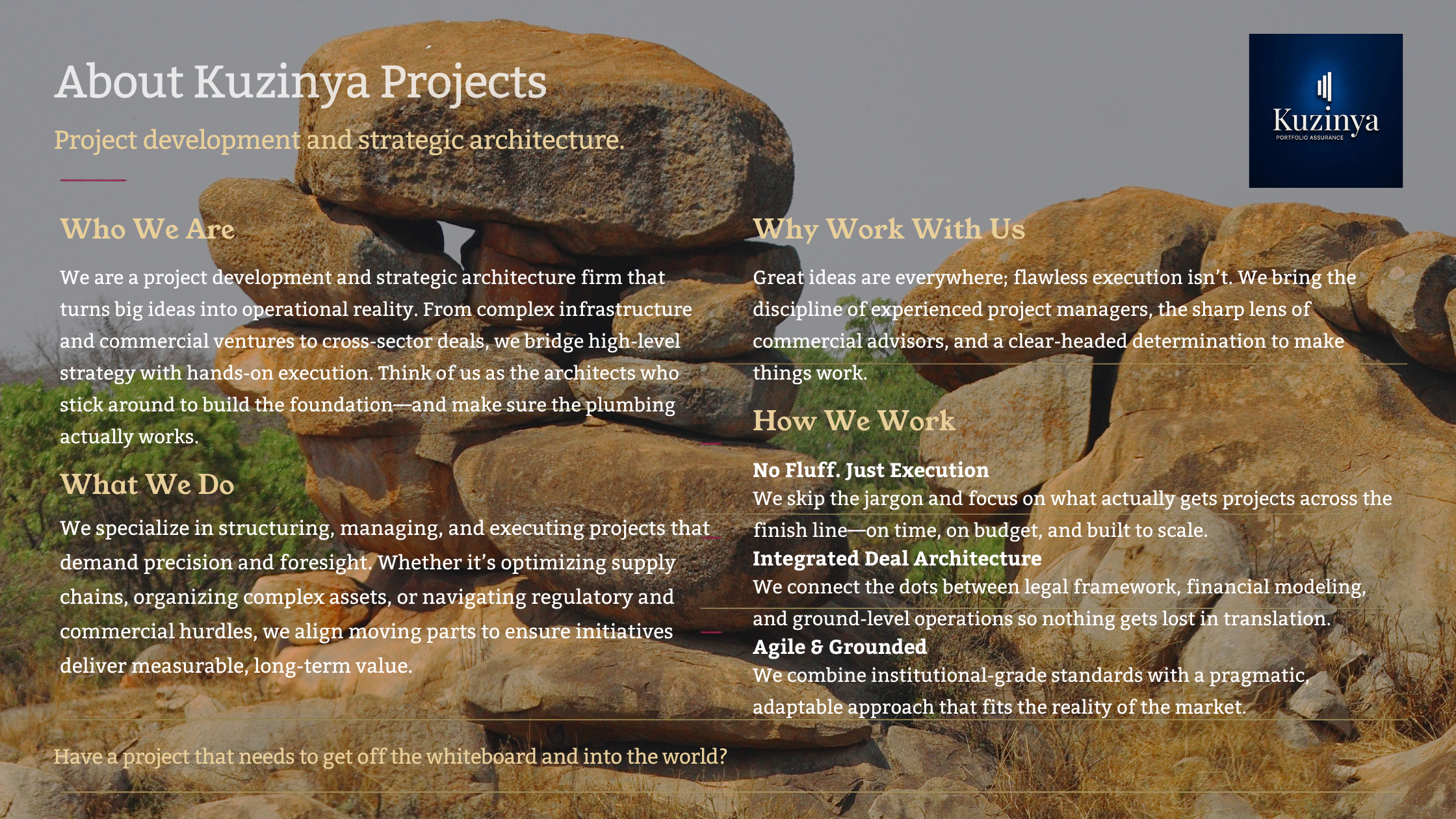 Webpage of Kuzinya Projects with background image of stacked rocks, describing project development, strategy, and architecture services.