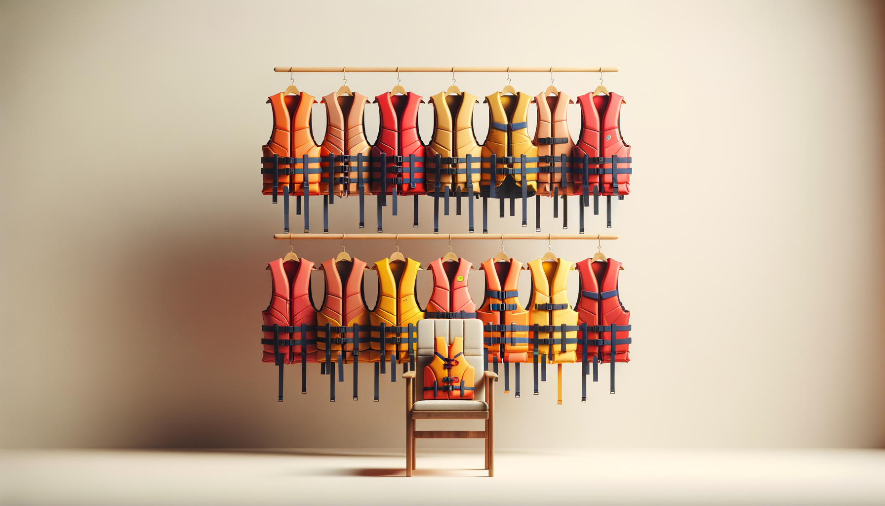 Colorful life jackets arranged on a wall with a chair in front.