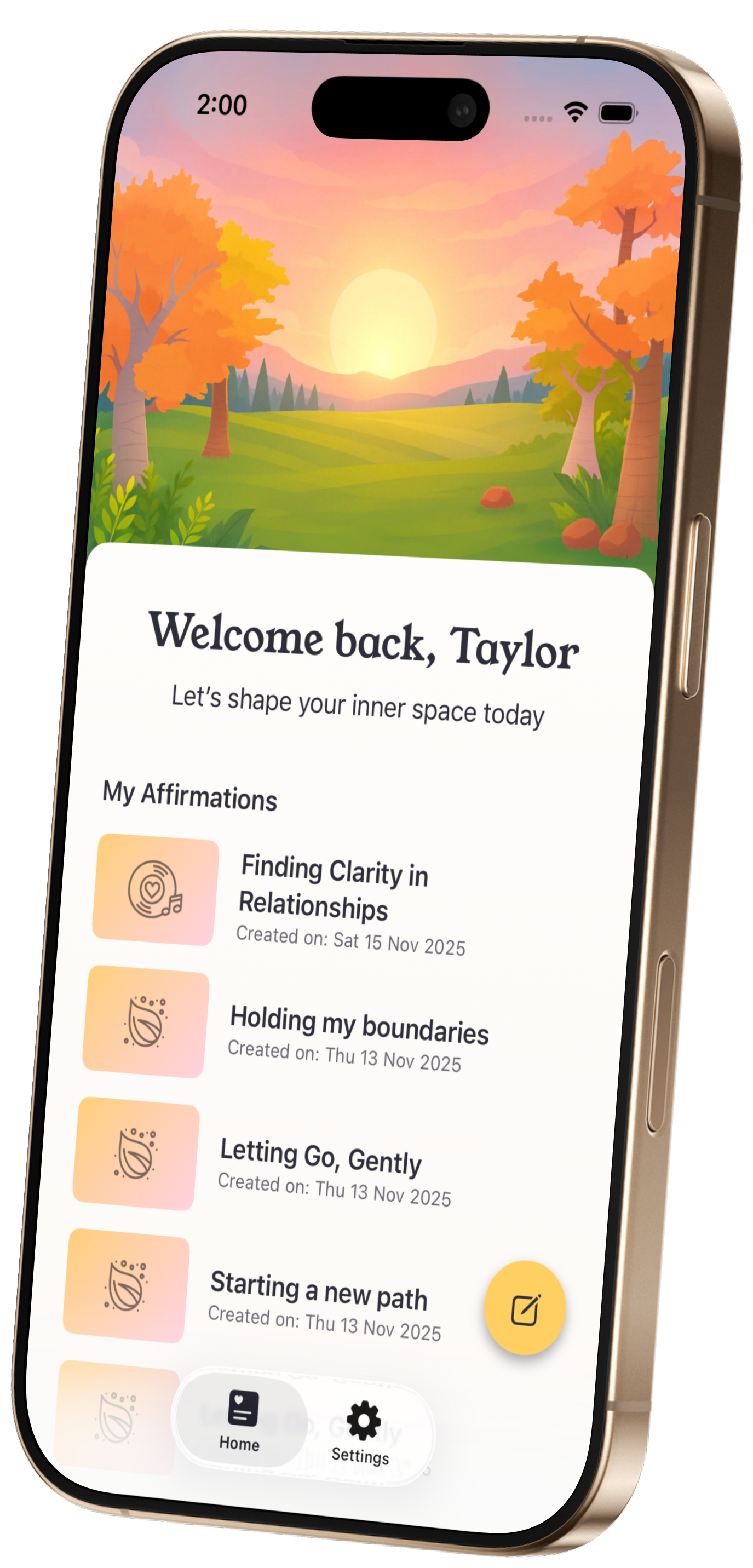 Resonate app home screen displaying a personalized affirmations list focused on clarity, boundaries, and emotional support.