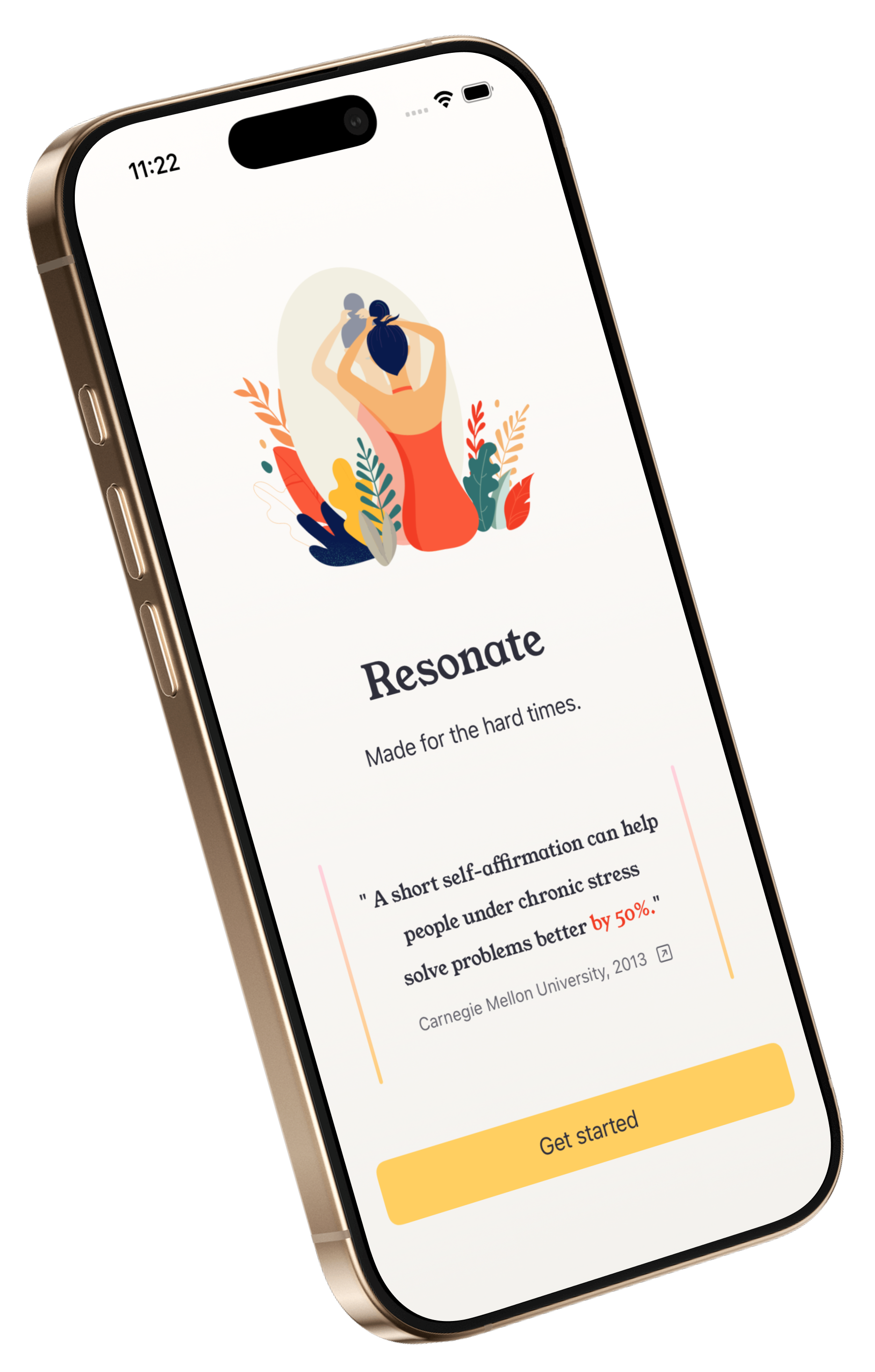 Resonate affirmations app opening screen showing a calming illustration and the message “Made for the hard times".