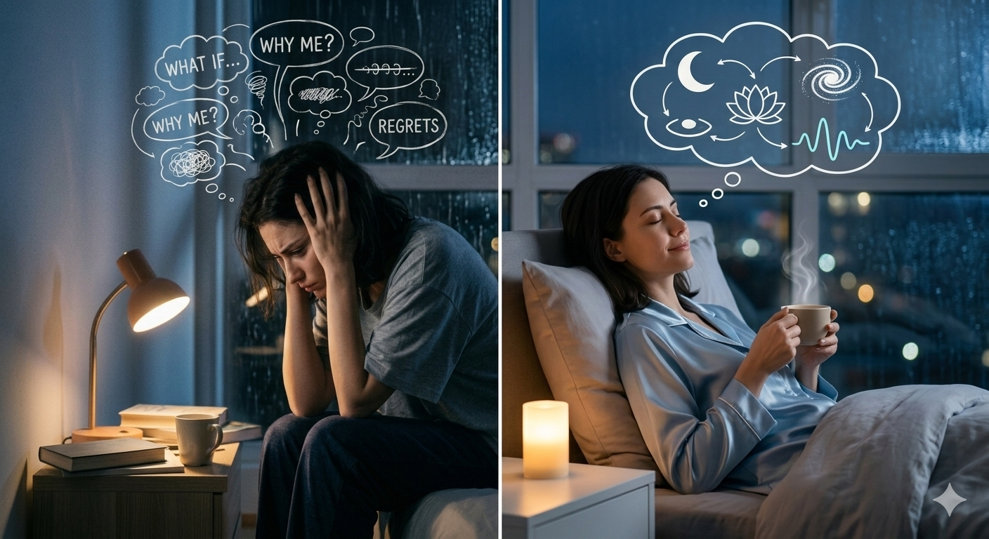 illustration of woman overthinking at night versus a calm mind at bedtime