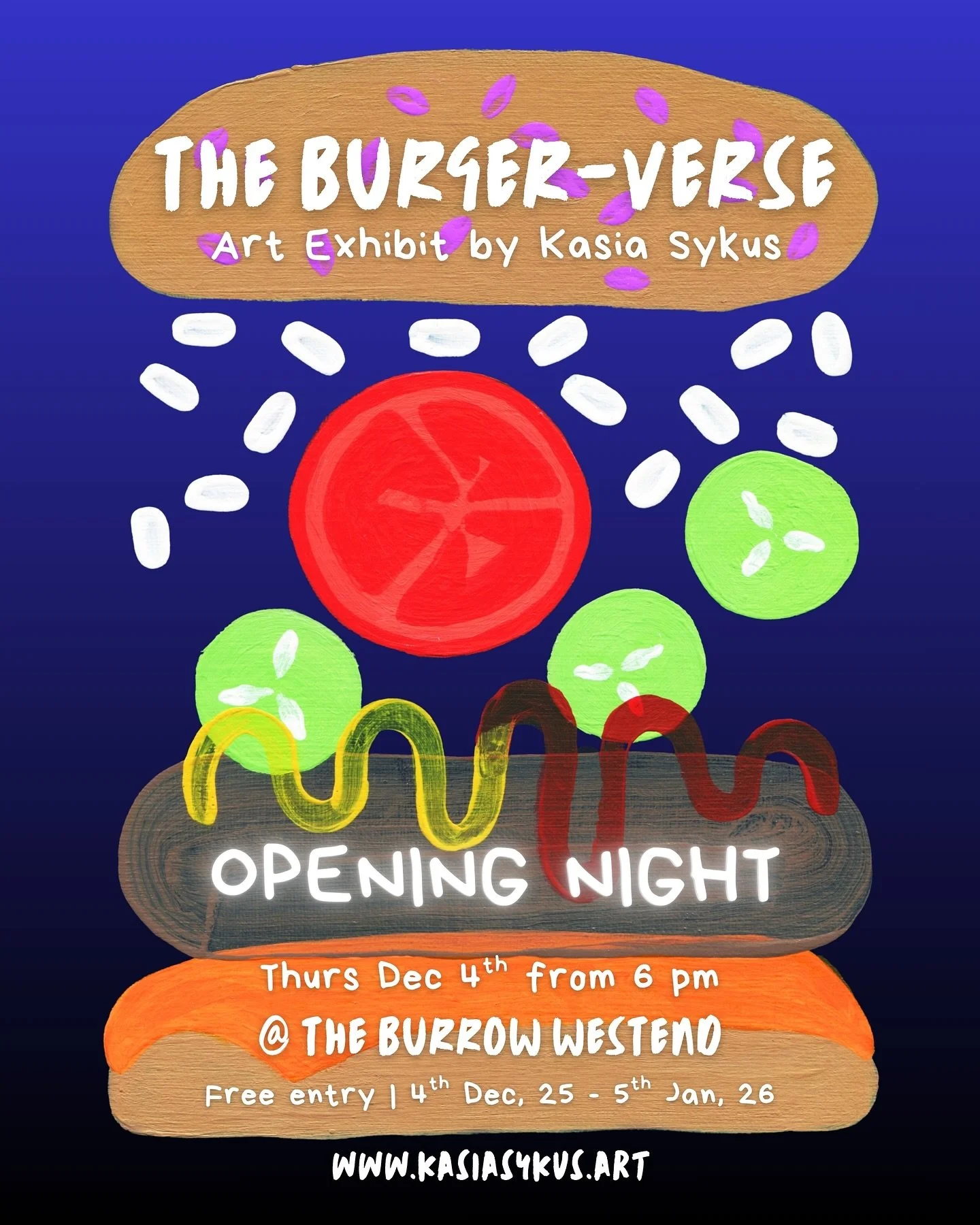 Step into The Burger-Verse! 🍔🔥 Kasia Sykus' art exhibit is coming to The Burrow West End from Dec 4th to Jan 5th. Don't miss the opening night on Dec 4th from 6 pm! Free entry 🎉
