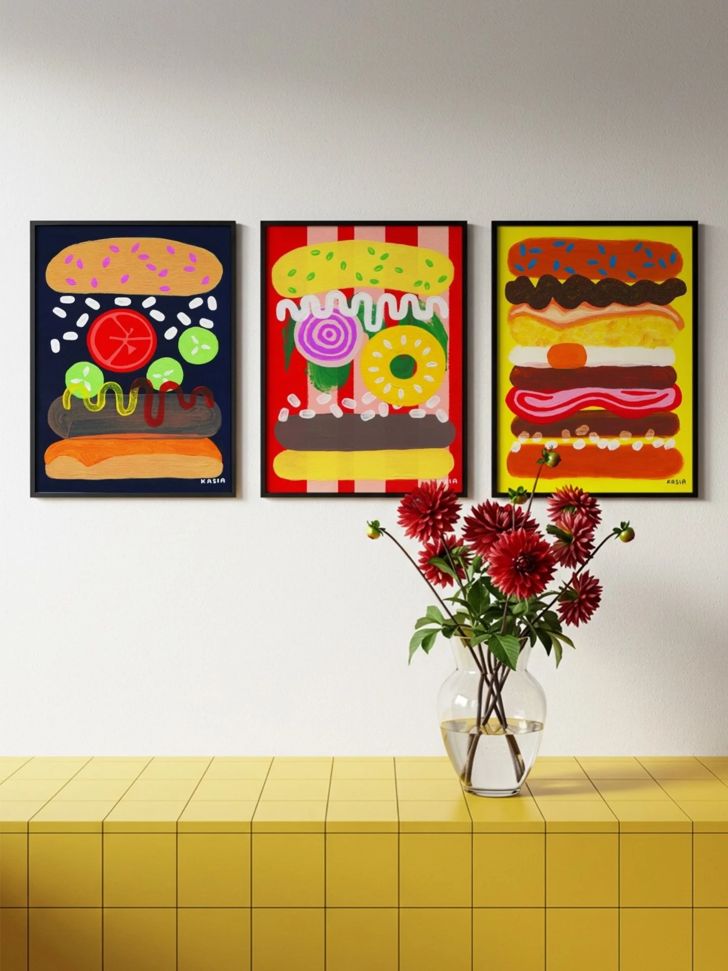 Get a dopamine hit from your own walls daily with a colourful burger art poster! 🌈 They are replica, high resolution scans from original burger paintings; printed on demand. 🖼️ Free Aus postage ✨