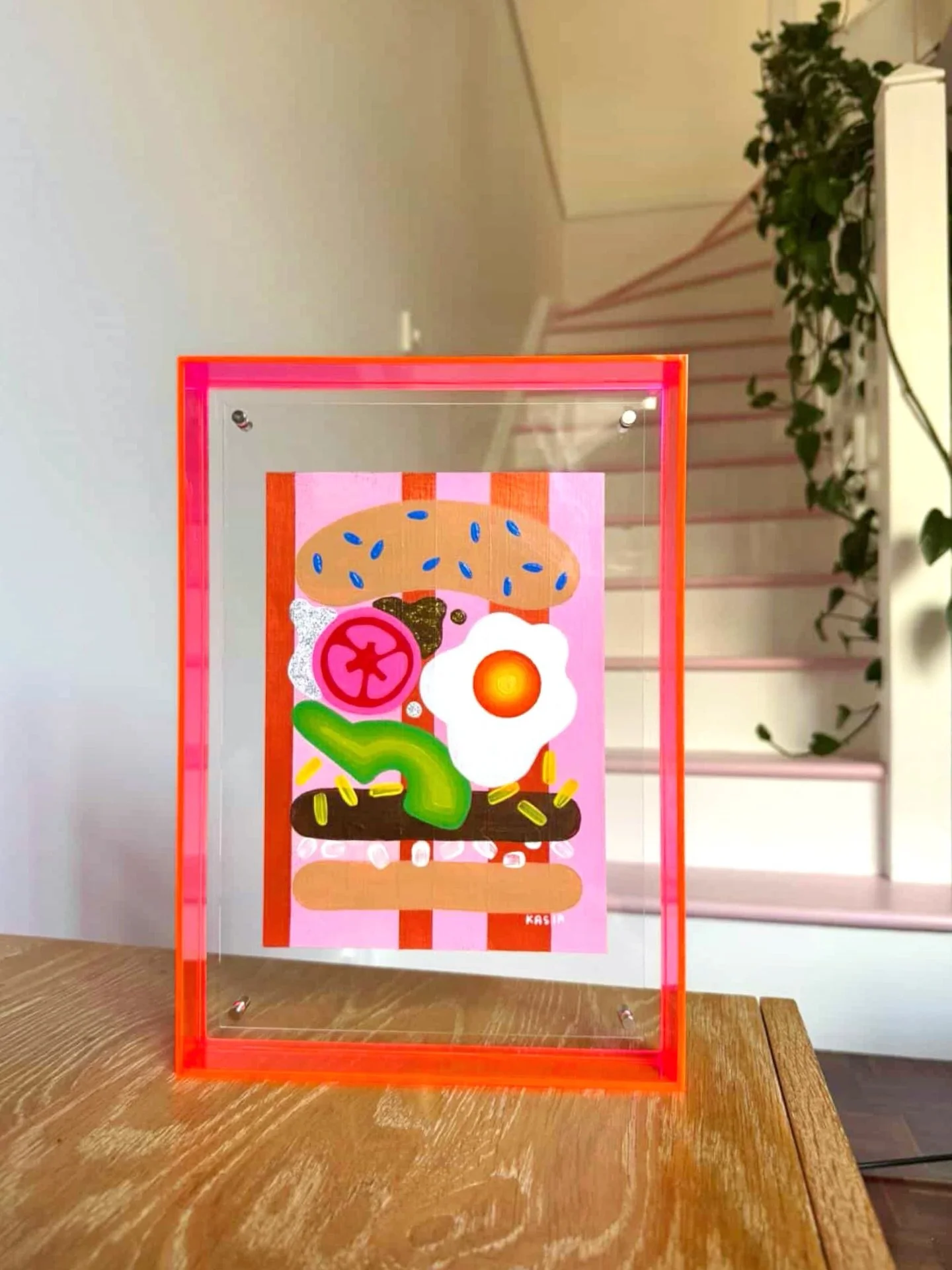 &lsquo;Morning Person&rsquo; painting in it&rsquo;s new Sydney home. I&rsquo;ve been really into pink, reds, eggs and stripes when making new artworks in 2026. This one was my favourite from the new burg batch and of course it sold first! 

You can c