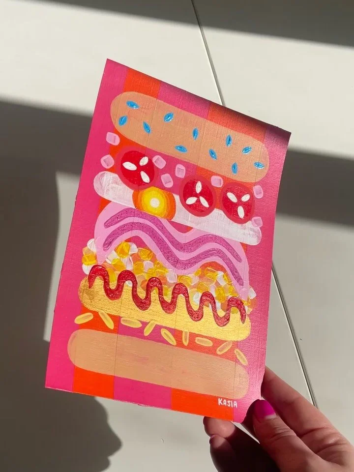 Breakfast in Stripes🐯 I&rsquo;m glad everyone loves the breakfast burgers so much because I enjoy painting them!! SOLD @voluptuary_hq Grocery Store Pop Up 

#foodpainting #burgerart #smallpainting