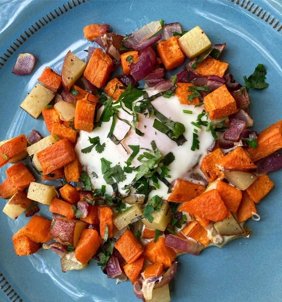 Roasted Veggie Hash and Baked Eggs
