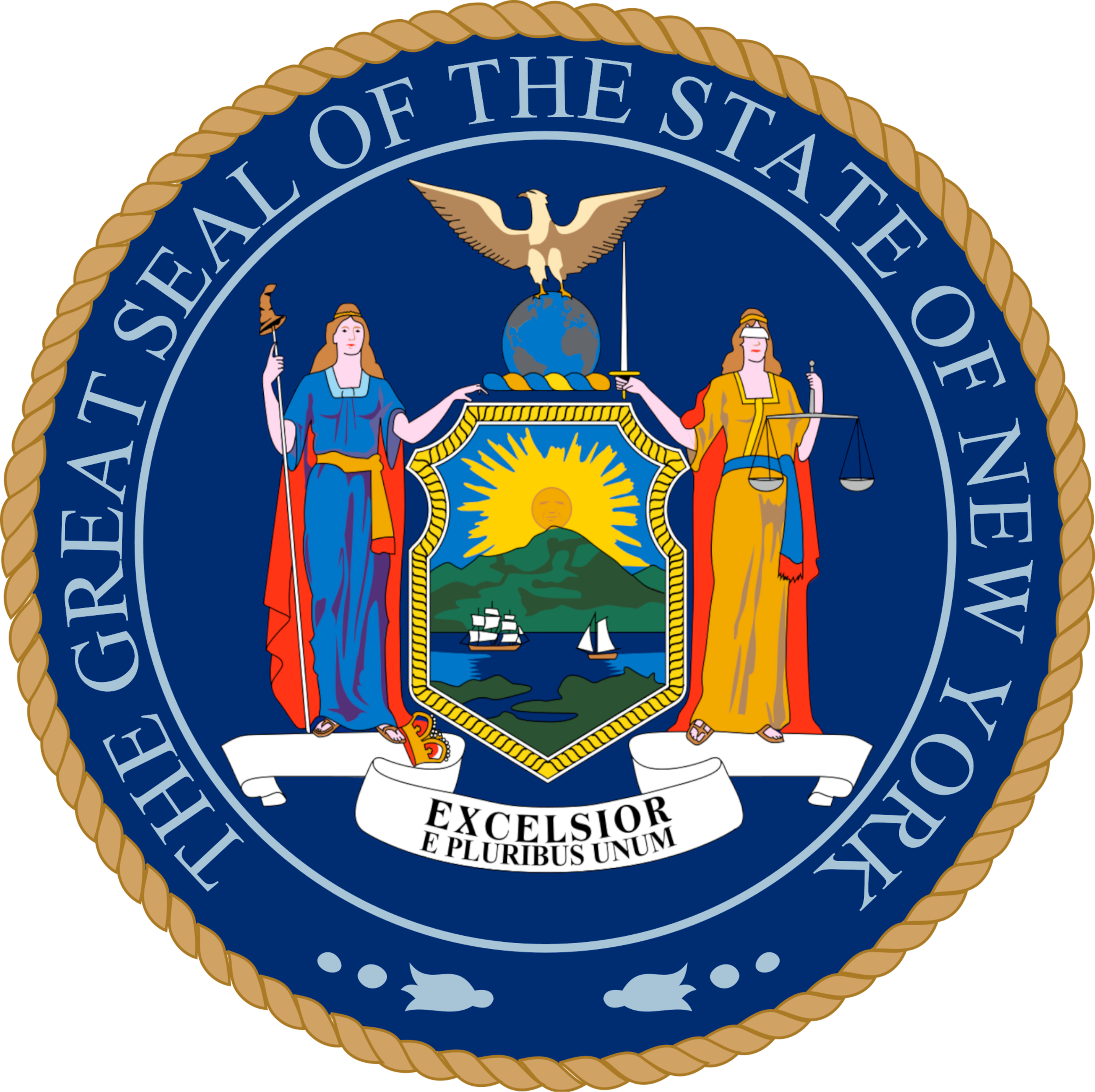 Official seal of the state of Connecticut featuring two women holding symbols of justice, a globe with an eagle above, a ship on water, and a sunrise with a mountain in the background, encircled by a rope border and a Latin motto.