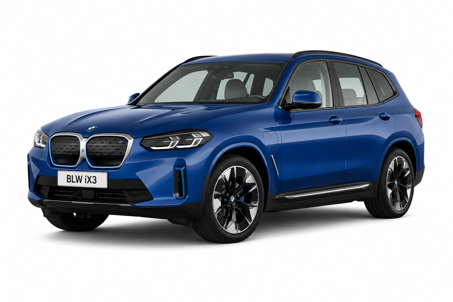 Blue BMW iX3 electric SUV with black accents, BMW logo on front grille, and license plate reading BLW iX3, parked against a white background.