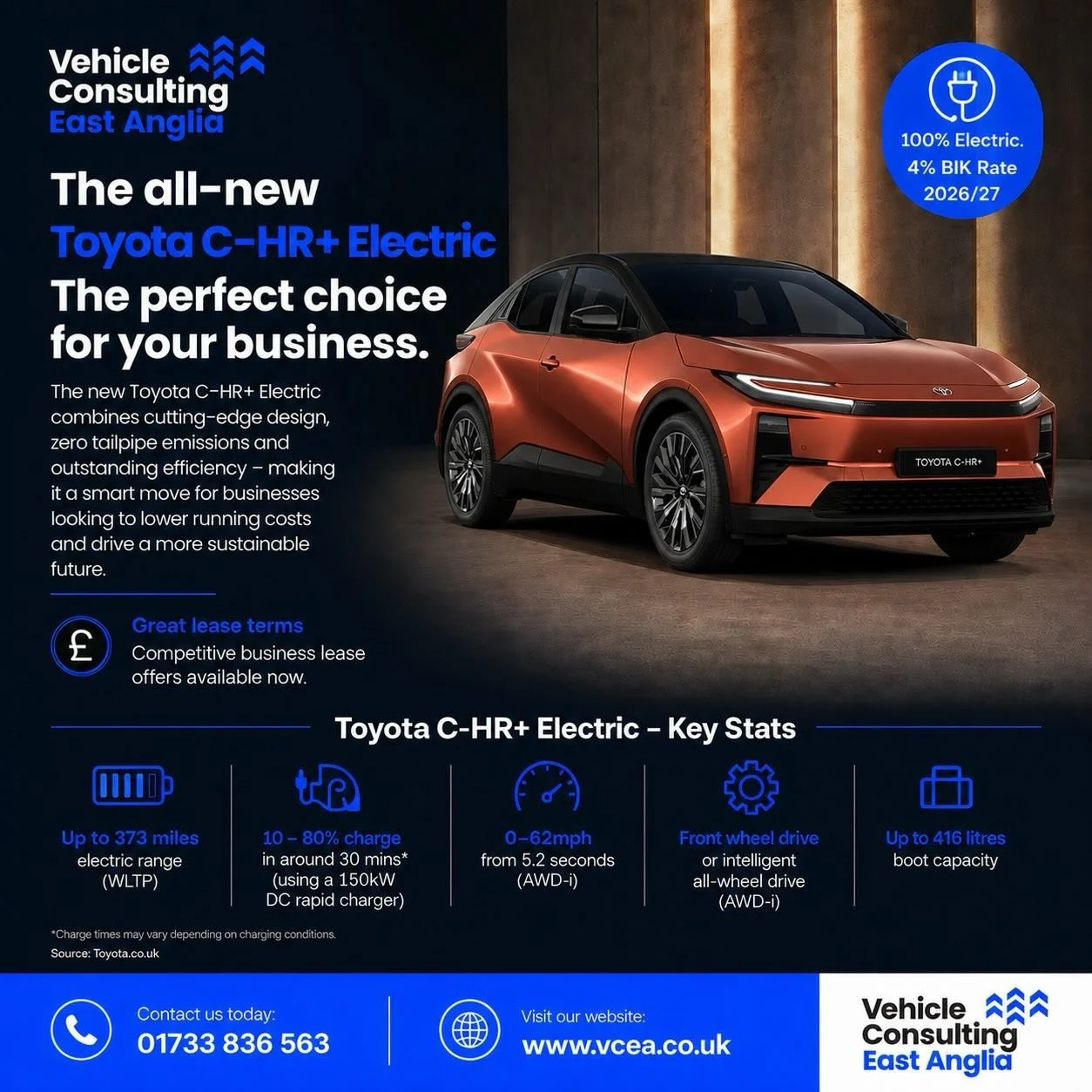 Thinking 🤨 of your next company car 🚗? Toyota&rsquo; all new C-HR+ is a great EV ⚡️

Striking looks, great boot space for all the essential items 🏌️ and great range 🛣️

Available on Business Contract Hire through @vehicleconsultingeastanglia