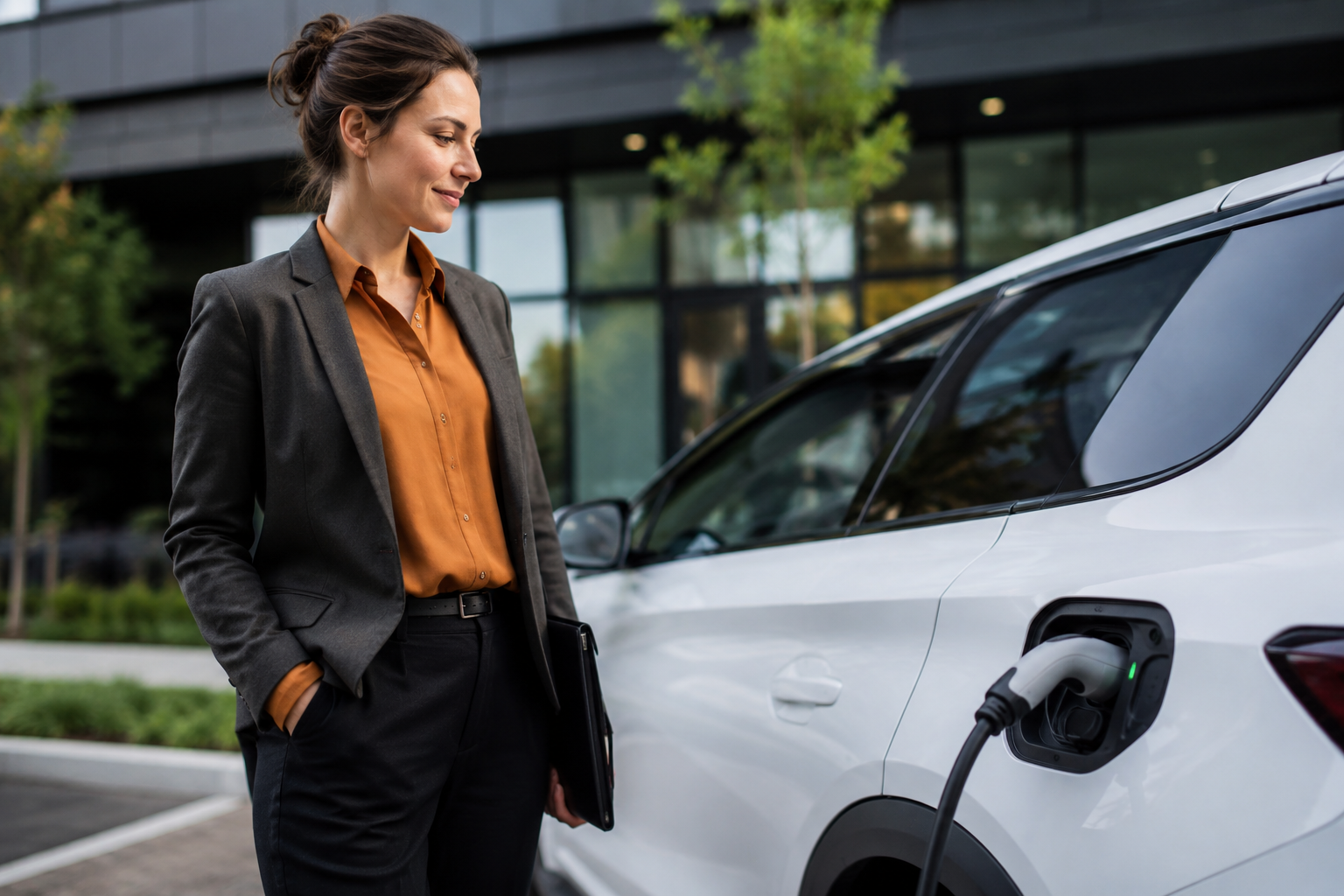 A woman in business attire charging an electric vehicle at a charging station outside a modern building.