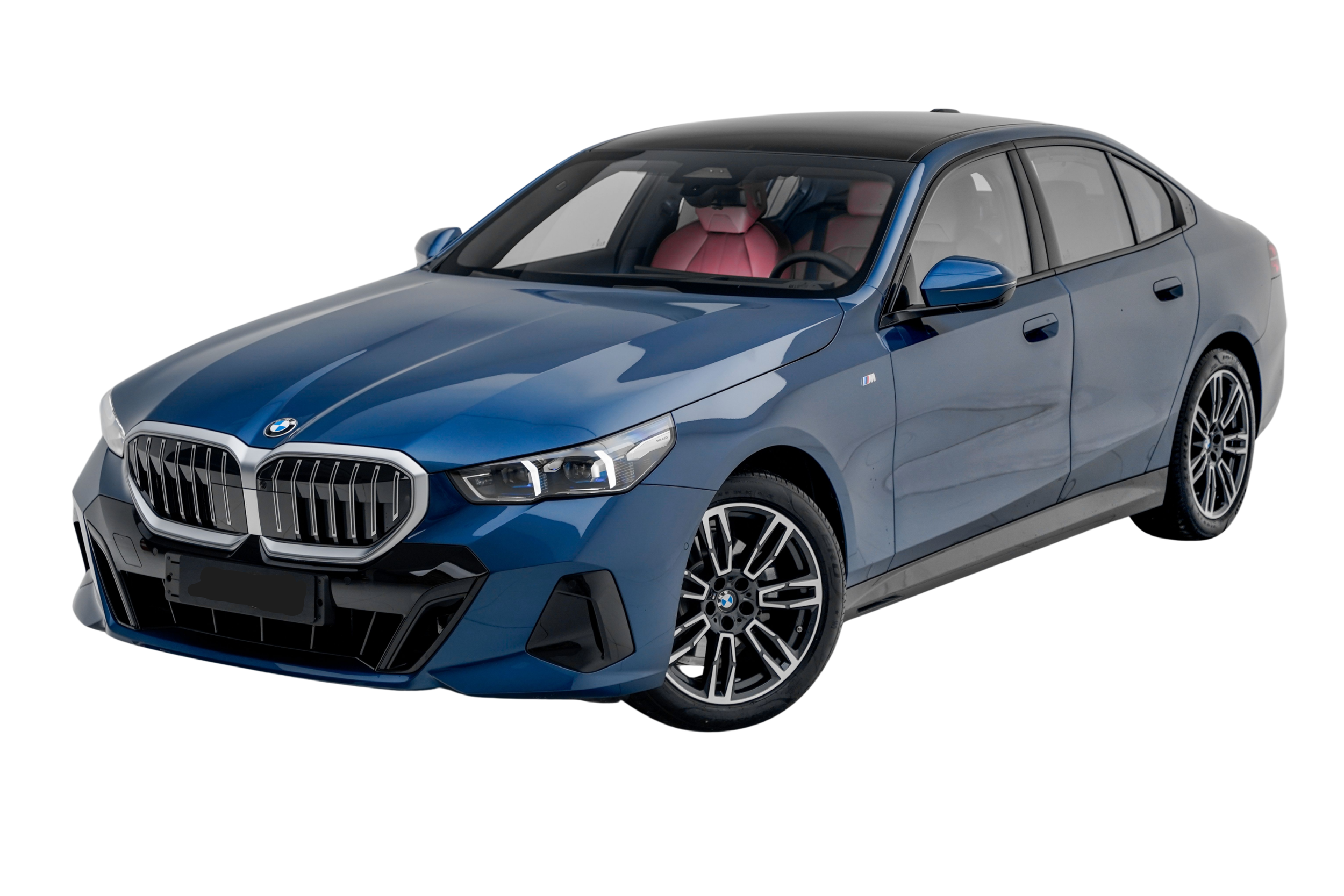 Blue BMW sedan with black roof and red interior, front view showing grille and headlamps