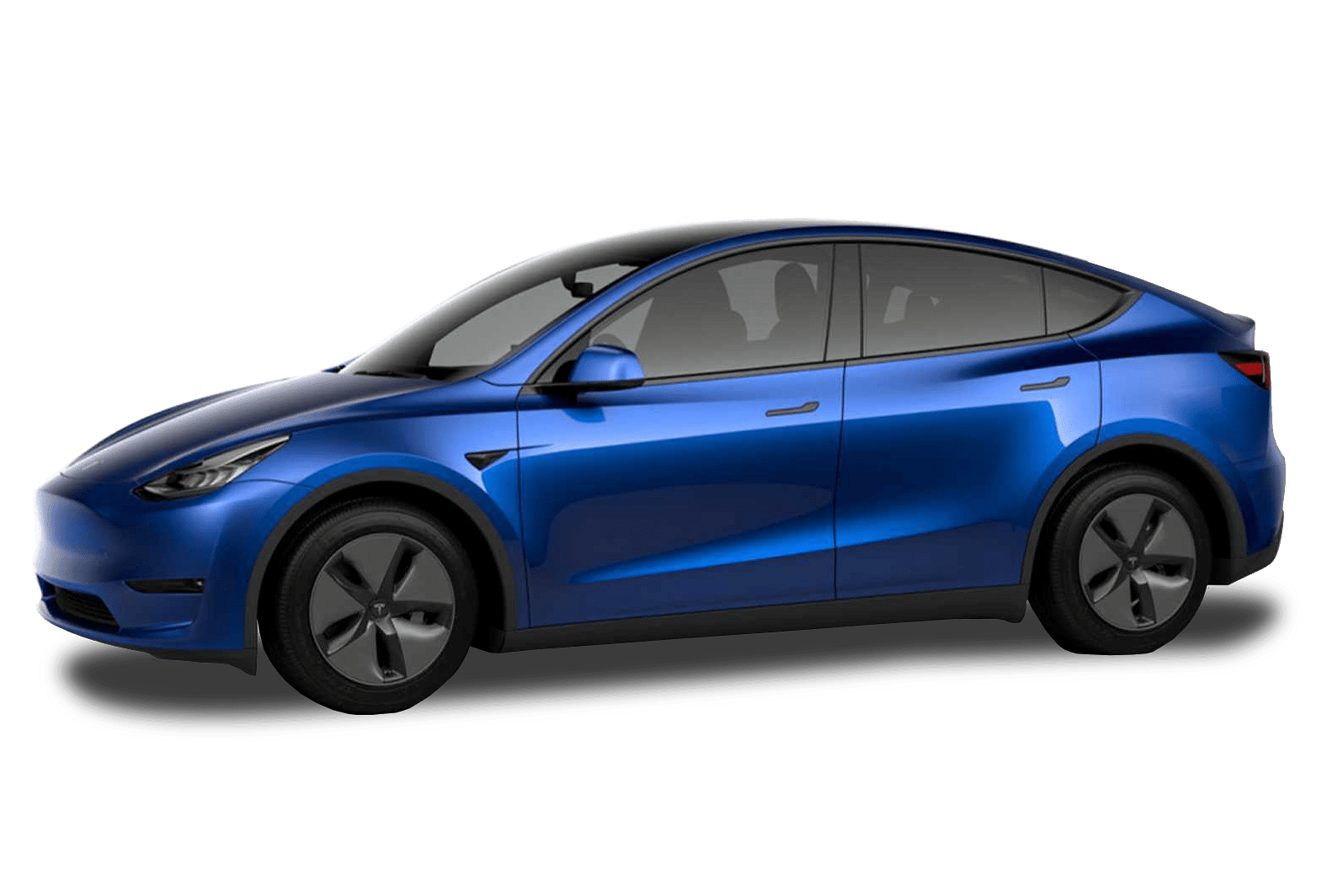 Blue Tesla Model Y electric vehicle with sleek design and aerodynamic shape, set against a black background.