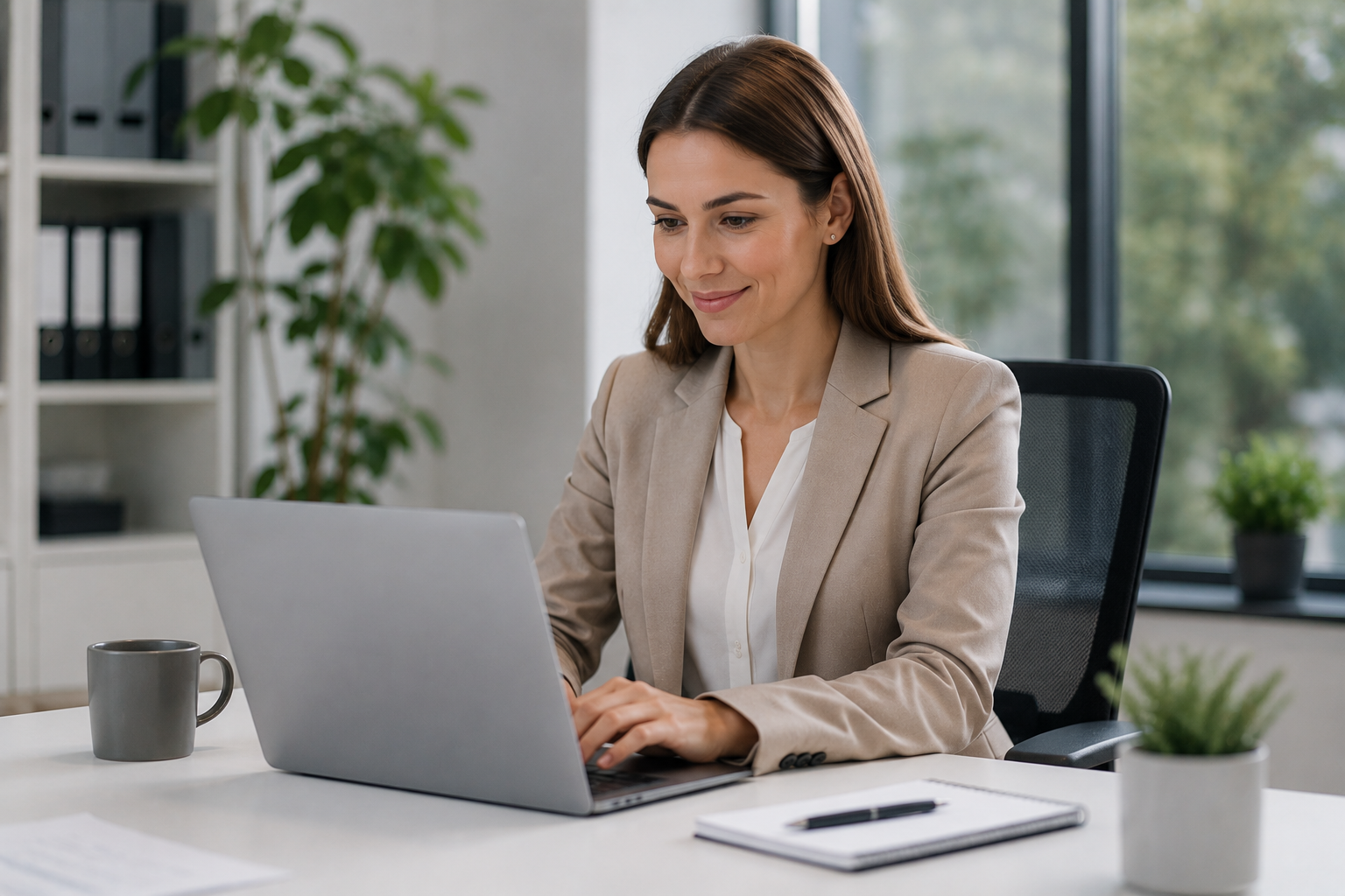 A woman in a beige blazer and white blouse sitting at a desk working on a laptop, in an office with large windows, green plants, a gray mug, a notebook, a pen, and small potted plants.