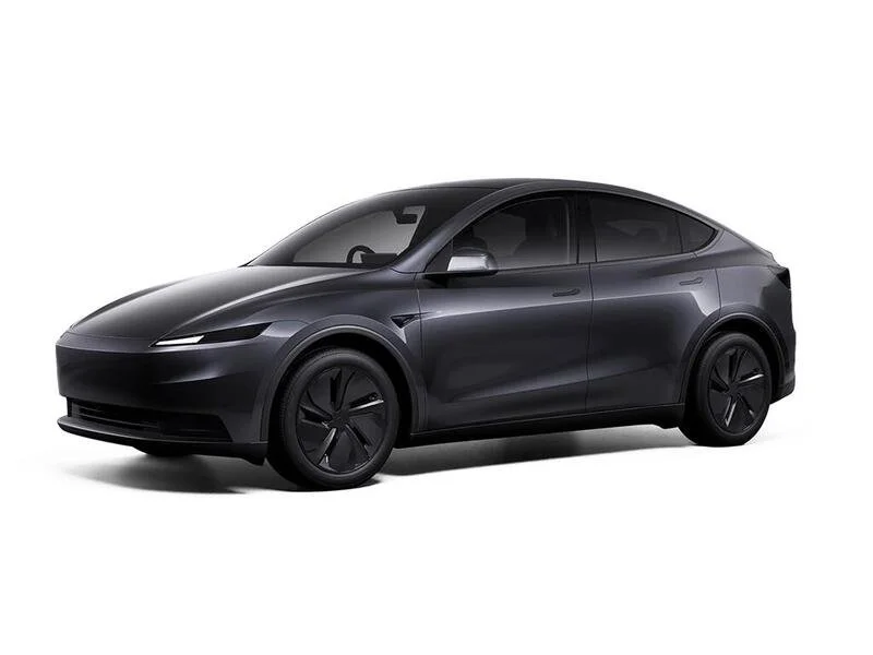 Black Tesla Model Y electric SUV on a white background
