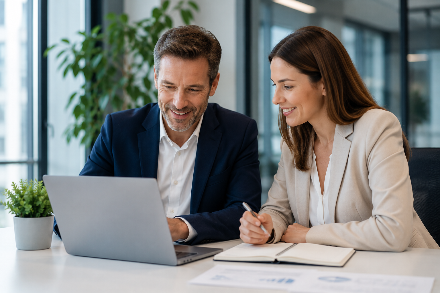 Two professionals, a man and a woman, sitting at a desk in an office, looking at a laptop together and smiling.