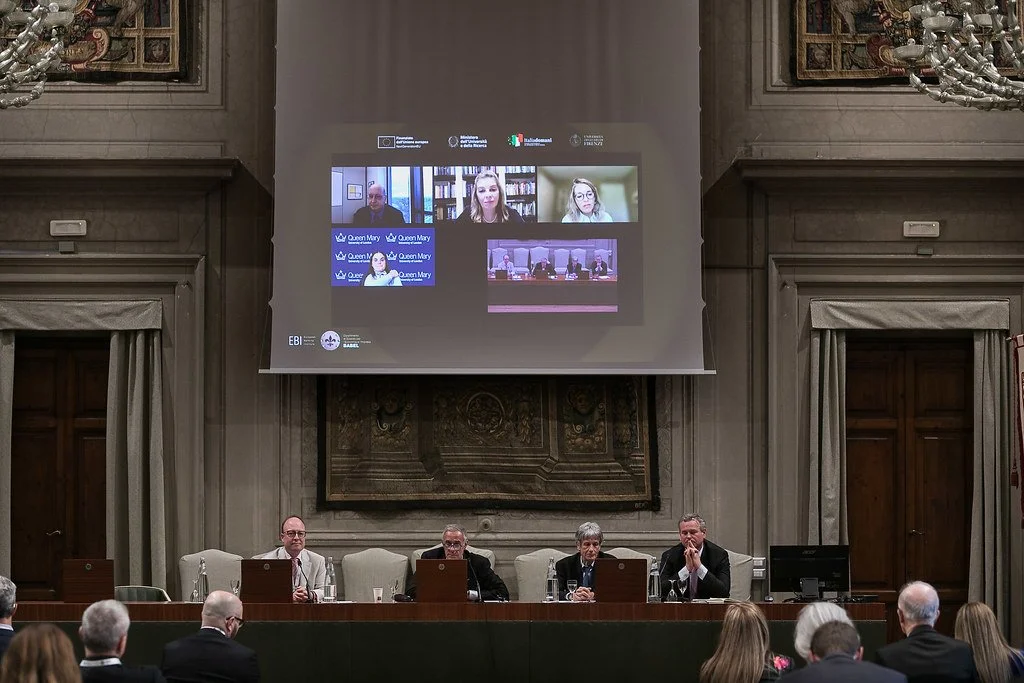 Joining the opening roundtable remotely: Franklin Noll, Ruth Plato-Shinar, Caroline Kleiner and Rosa María Lastra. Aula Magna, Rector's Office Building, 8 May 2025. Photo: Andrea Pecchioli / Fotoproject.