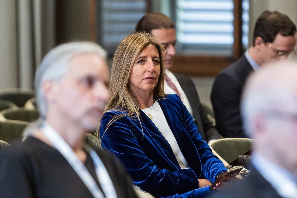 Speakers follow the official greetings: Teresa Rodríguez de Las Heras Ballel (centre) with Yuri Biondi, Panagiotis Papapaschalis and Arthur Rossi. Aula Magna, Rector's Office Building, 8 May 2025. Photo: Andrea Pecchioli / Fotoproject.