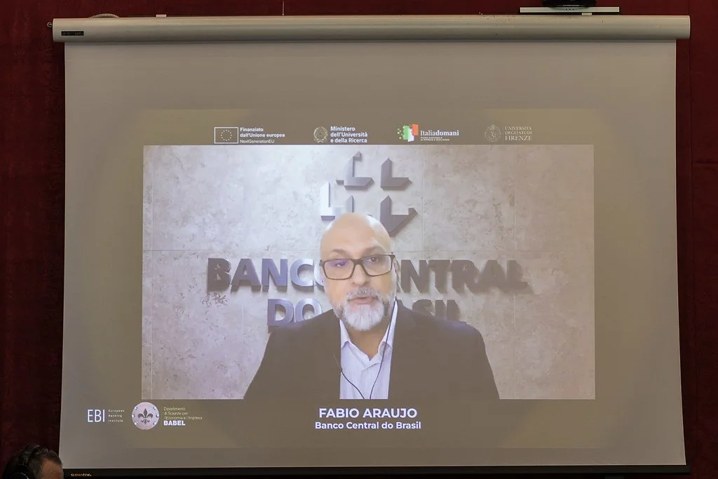 Fabio Araujo (Banco Central do Brasil) joining the closing roundtable remotely. Sala Rossa, Villa Ruspoli, 10 May 2025. Photo: Andrea Pecchioli / Fotoproject.