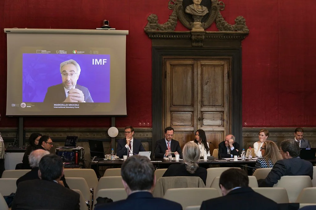 Marcello Miccoli (International Monetary Fund) joining the closing roundtable remotely. Sala Rossa, Villa Ruspoli, 10 May 2025. Photo: Andrea Pecchioli / Fotoproject.
