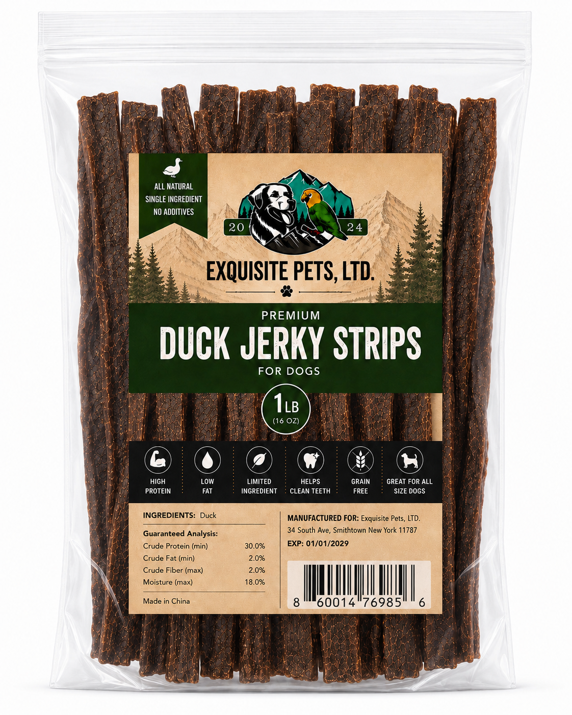 Exquisite Pets – 1 lb Premium Duck Jerky Strips for Dogs