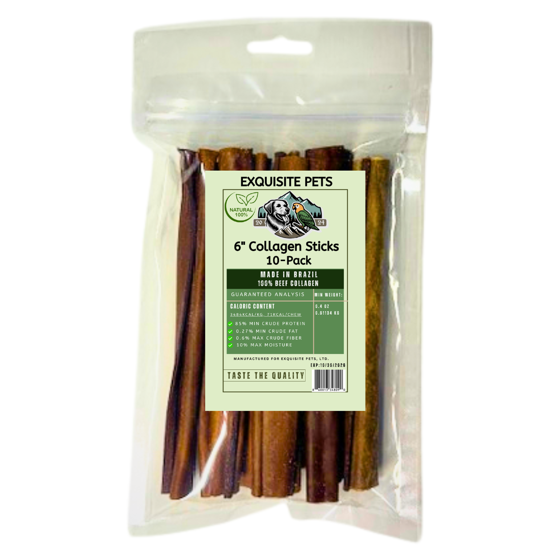 Exquisite Pets 6" Collagen Sticks for Dogs 10-Pack - All-Natural Brazilian Beef for Joint & Dental Health - Grain-Free, High Protein, Low Fat, Gentle on Stomach
