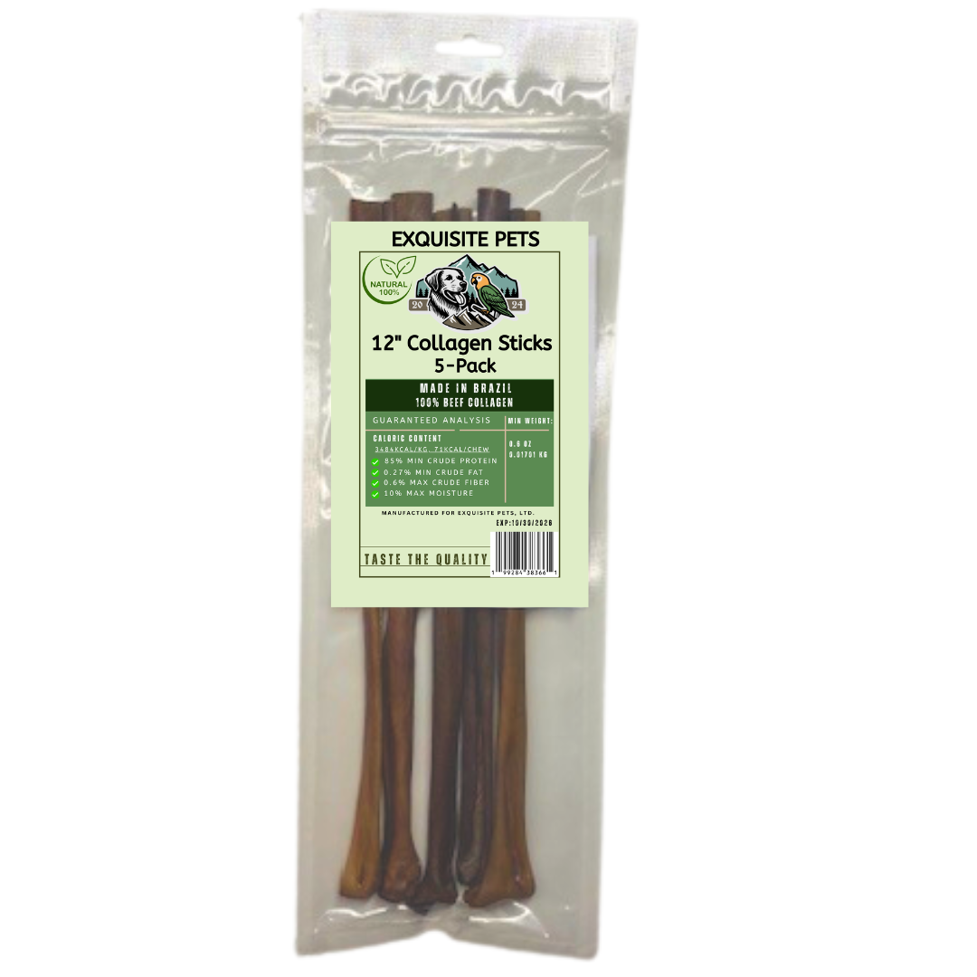 Exquisite Pets 12" Collagen Sticks for Dogs 5-Pack - All-Natural Brazilian Beef for Joint & Dental Health - Grain-Free, High Protein, Low Fat, Gentle on Stomach