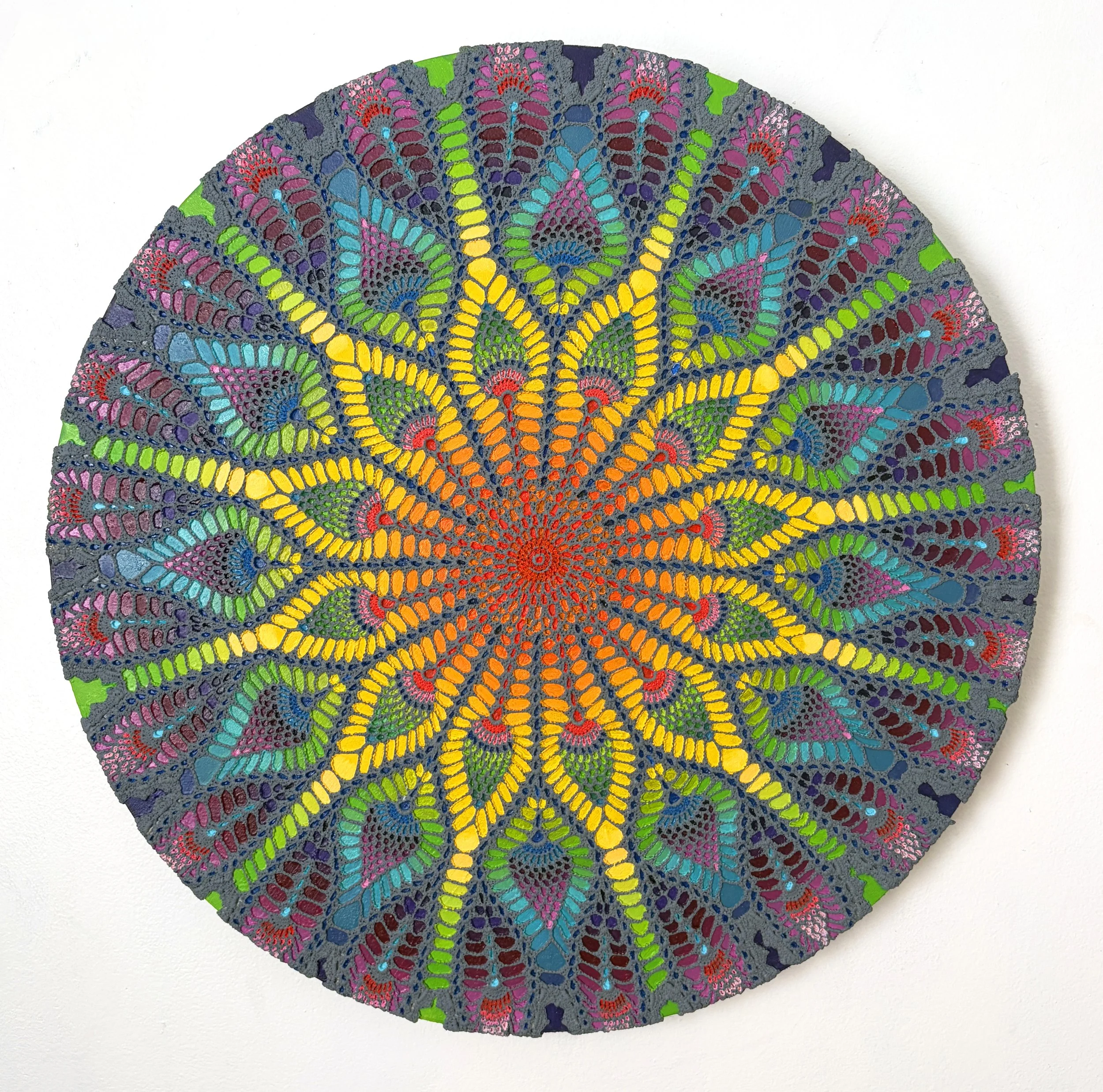 Chakra Doily Mandala
2026
28" diameter
Oil and mixed media on wood panel