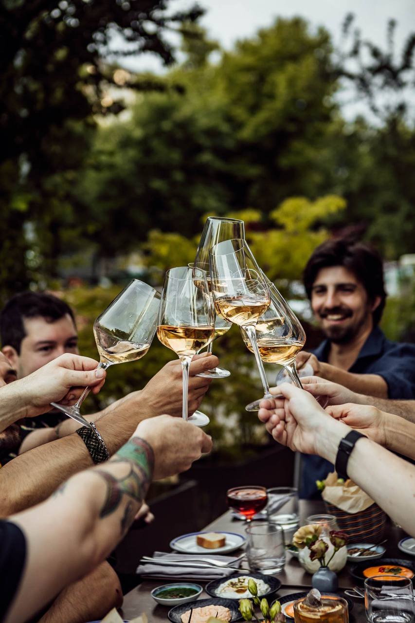 Group of people clinking wine glasses during an outdoor gathering with food on a table.