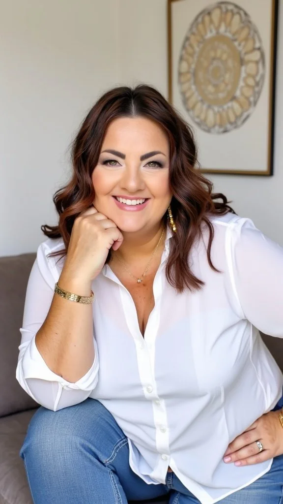 A smiling woman with shoulder-length wavy brown hair, wearing a white button-up shirt, gold jewelry, and sitting on a gray couch with a decorative art piece in the background.
