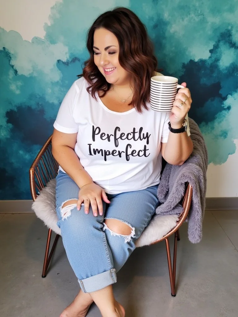 Person wearing a "Perfectly Imperfect" shirt sitting in a chair, holding a striped cup, with a blue and green abstract background.