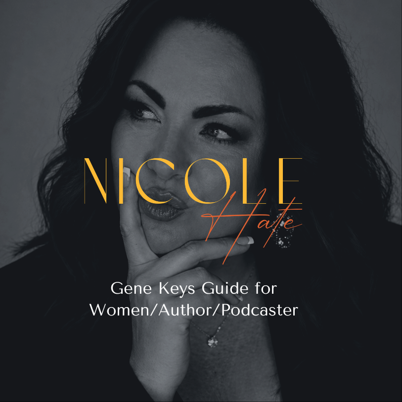 Black and white portrait of Nicole Hate with her hand on her face, wearing earrings and a necklace, with text overlay about a guide for women, authors, and podcasters.