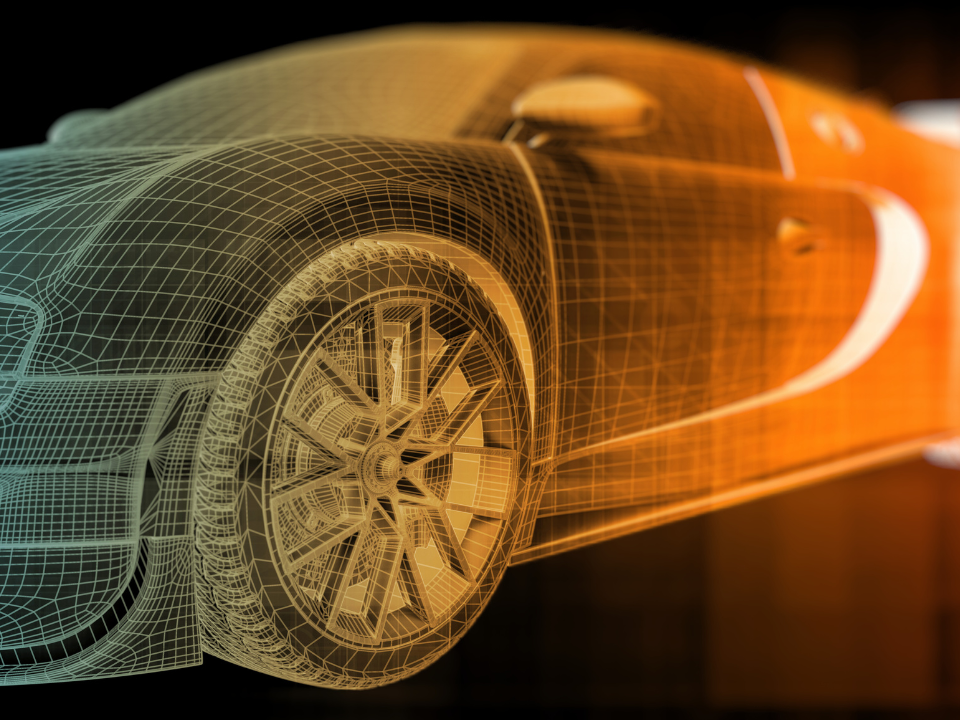 3D-Wireframe-Modell eines Bugatti-Hypercars – Symbol für Digitalisierung und Innovation in der Automobiltechnik