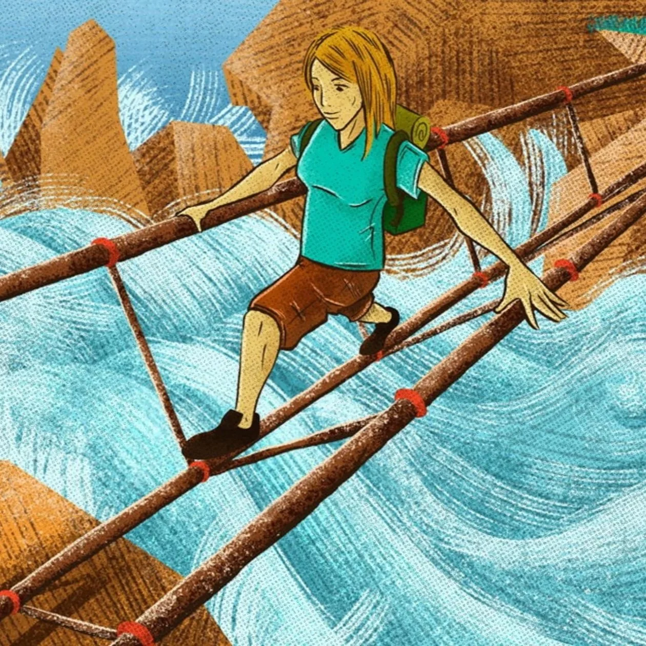 Illustration of a person walking on a suspension bridge over a river with swirling water, mountains in the background, carrying a backpack and wearing casual outdoor clothing.