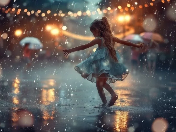 Une jeune fille danse dans une pluie urbaine au crépuscule, avec des parapluies en arrière-plan