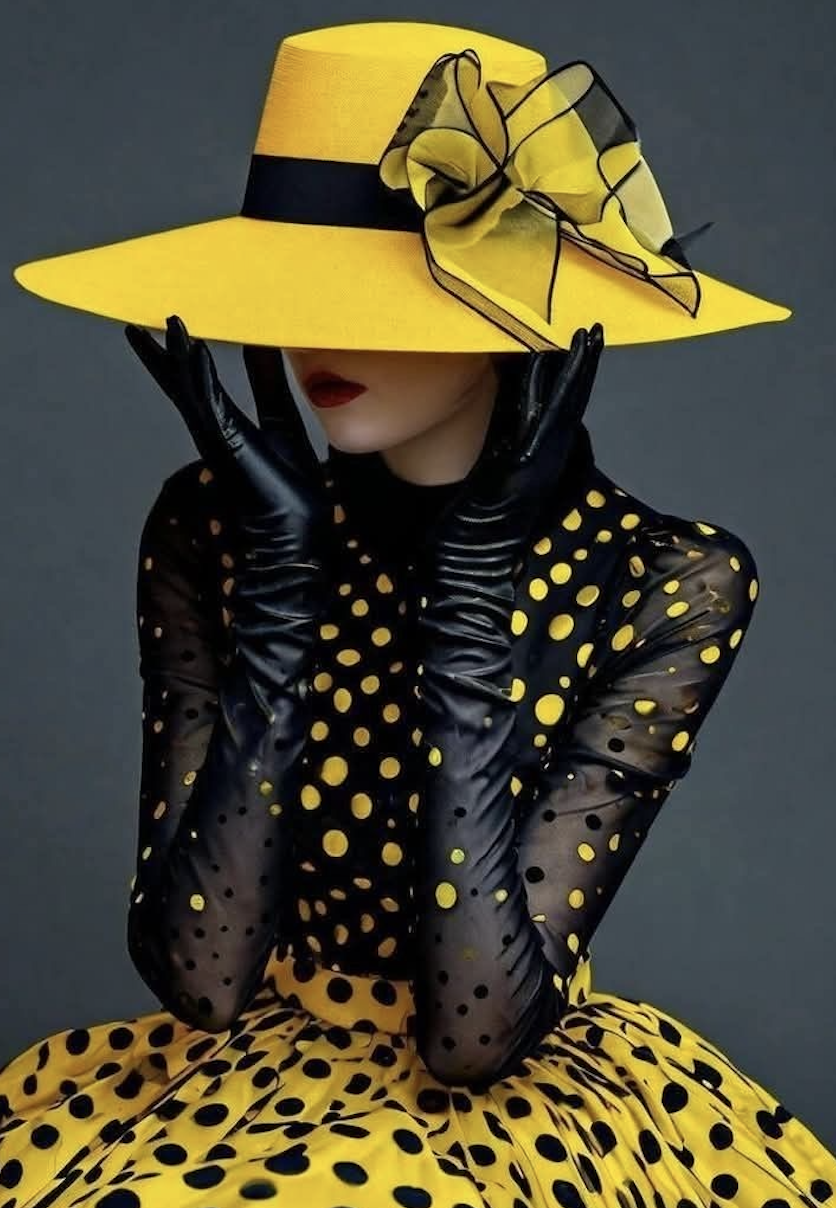 Une femme porte un chapeau jaune avec un ruban noir et un nœud en organza, un vêtement noir en tissu transparent à pois jaunes, des gants noirs en latex, et une jupe jaune à pois noirs, posant avec les mains près du visage contre un fond gris.