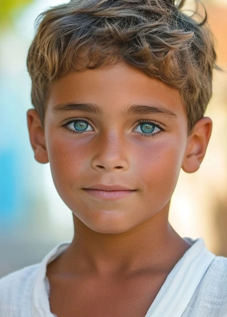 Jeune garçon aux cheveux châtains et aux yeux bleus, portant un t-shirt blanc, avec un arrière-plan flou de couleurs chaudes et froides.