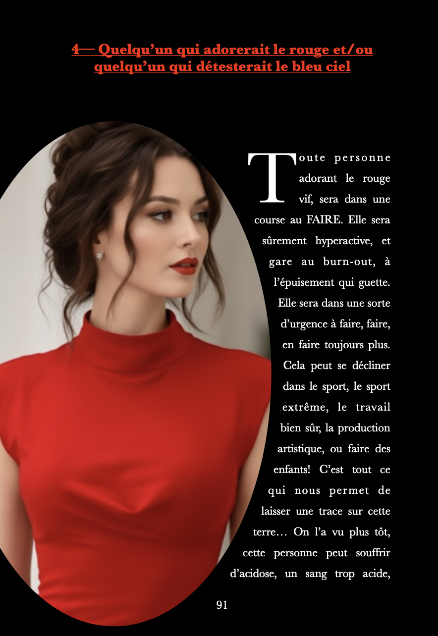 Page de texte avec une image d'une femme portant une robe rouge, la majorité du texte étant en français, avec un titre en rouge souligné et une grande initiale 'T' au début du corps du texte.