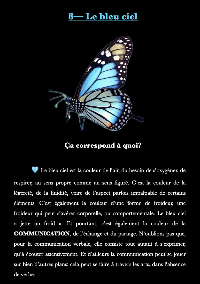Une illustration d'un papillon aux ailes bleues, noires et blanches, accompagné d'un texte explicatif au sujet de la couleur bleu ciel.