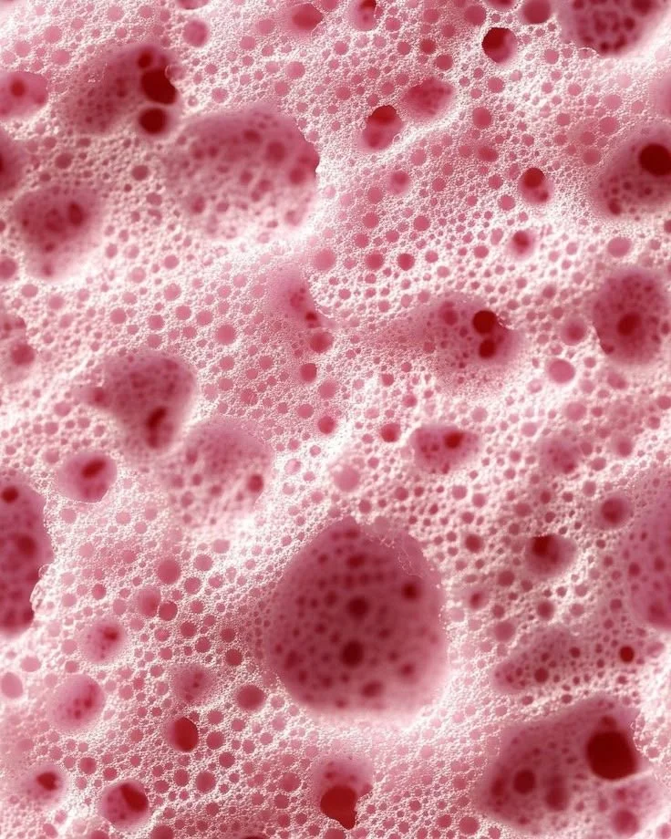 Bulles de savon rose et mousse, couleurs roses et blanches, texture fine et légère.