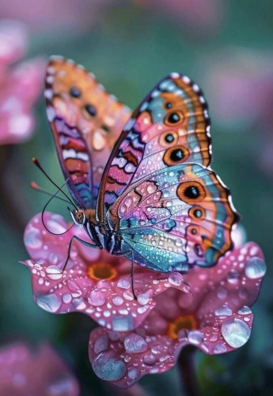 Un papillon coloré avec des ailes ornées de motifs oculaires, posé sur une fleur rose avec des gouttelettes d'eau.
