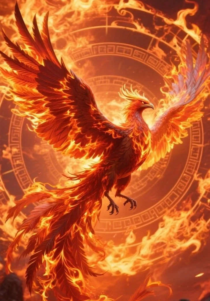 Un oiseau mythologique de feu avec des grandes ailes enflammées, entouré de flammes et de symboles similaires à un cercle magique en arrière-plan.