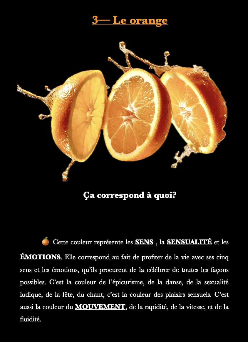 Une illustration d'une tranche d'orange éclaboussée d'eau, accompagnée d'un titre orange "Le orange" et d'un texte explicatif en français sur la couleur orange, ses significations et ses associations.