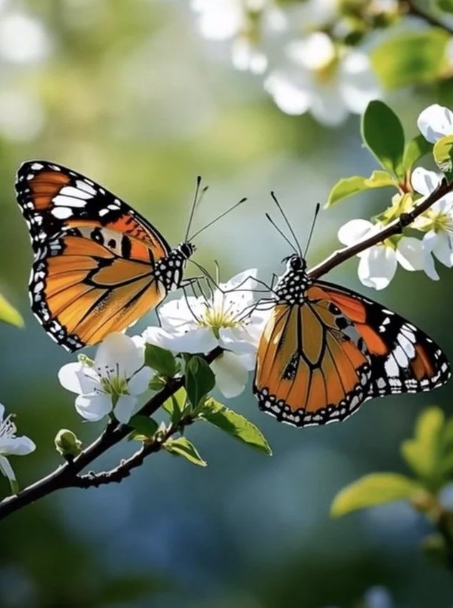 Deux papillons monarchs orange et noir posés sur des fleurs blanches dans un environnement naturel verdoyant.