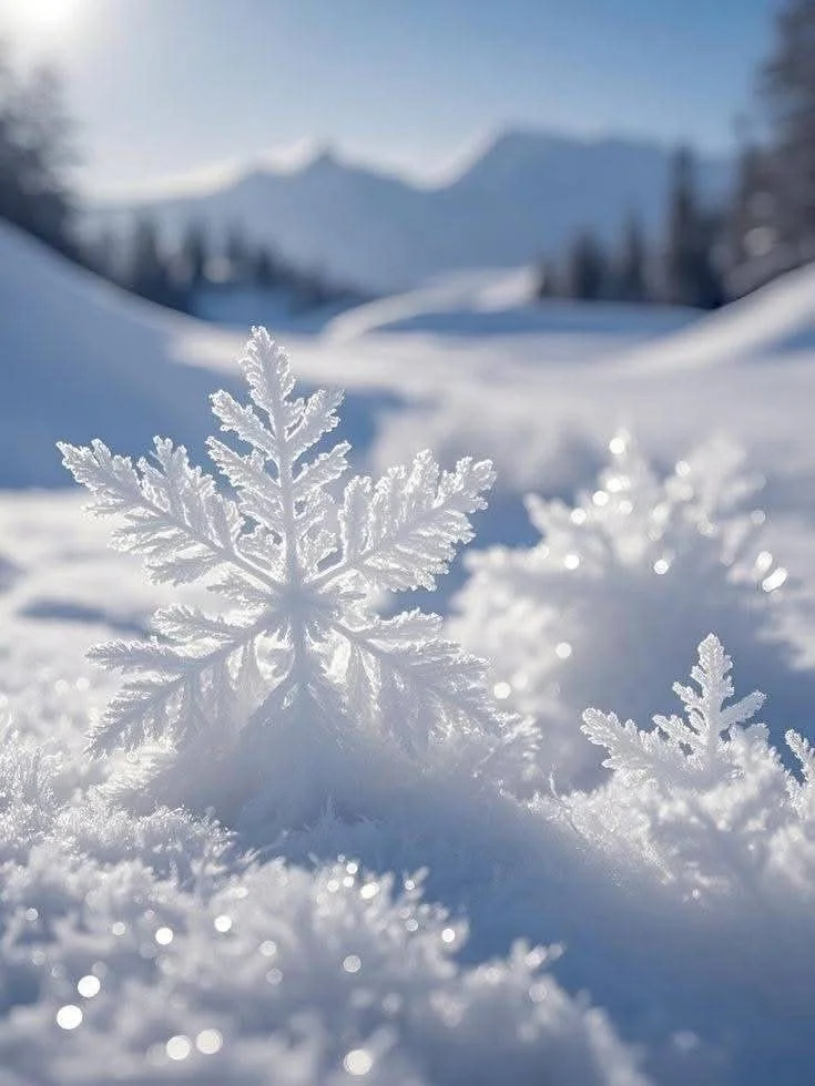 Neige froide et cristallisée avec des flocons de givre en forme d'étoile, paysage montagneux en arrière-plan sous un ciel bleu.