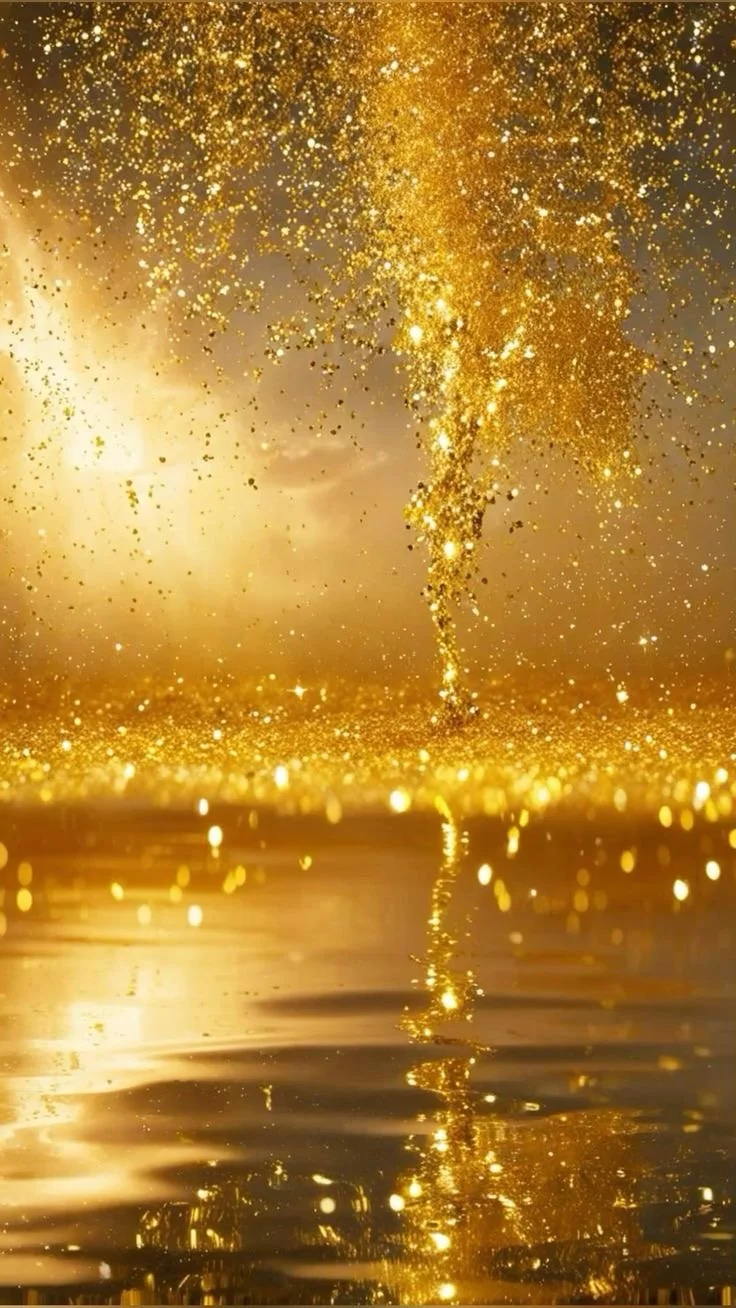 Une cascade d'étincelles et de paillettes dorées tombant dans l'eau, créant un effet féerique et scintillant.