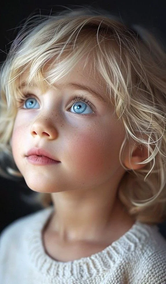 Jeune fille aux yeux bleus lumineux, cheveux blonds bouclés, portant un pull beige, regardant vers la gauche.