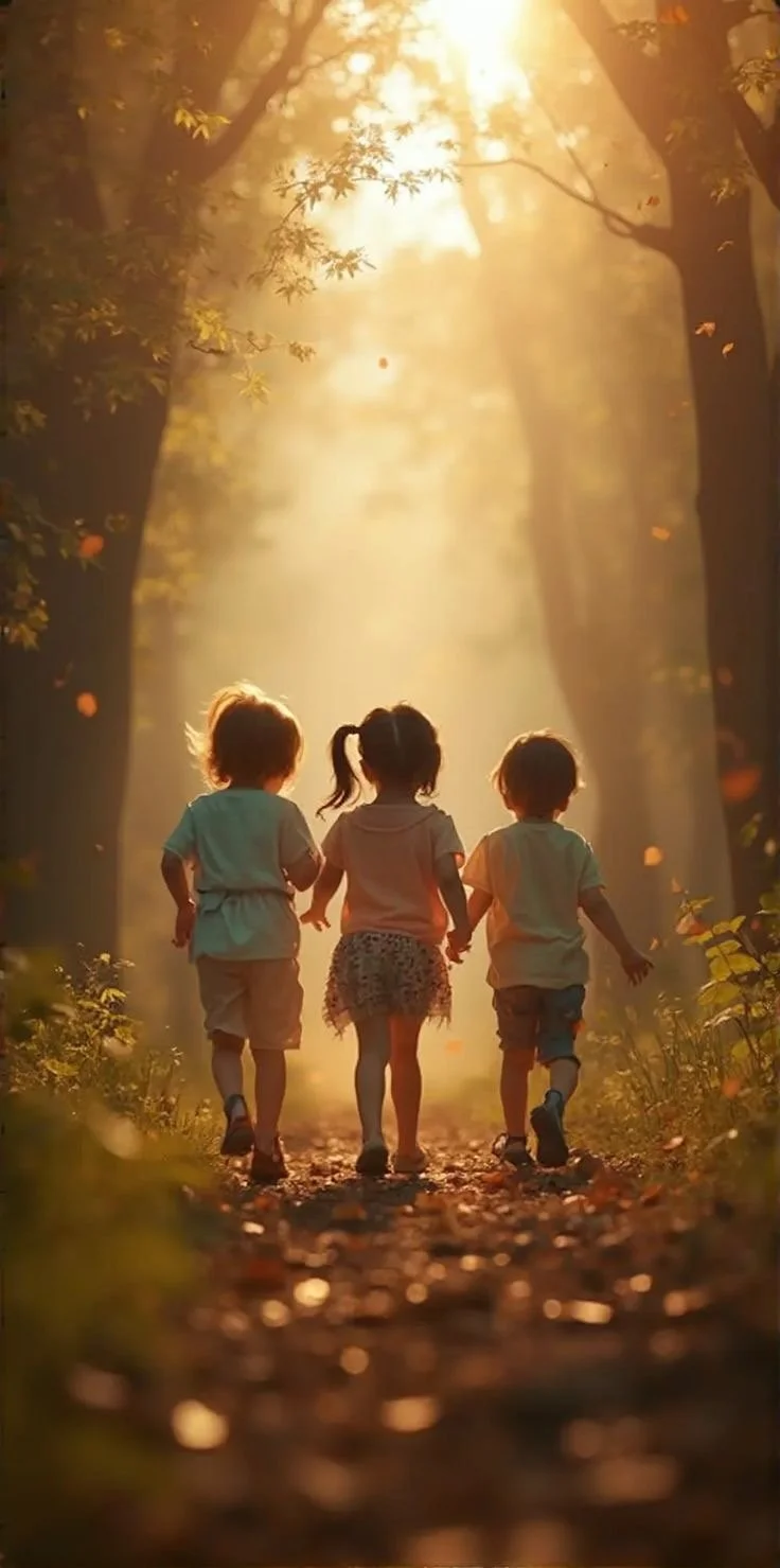 Trois enfants marchant ensemble sur un sentier forestier au coucher de soleil.